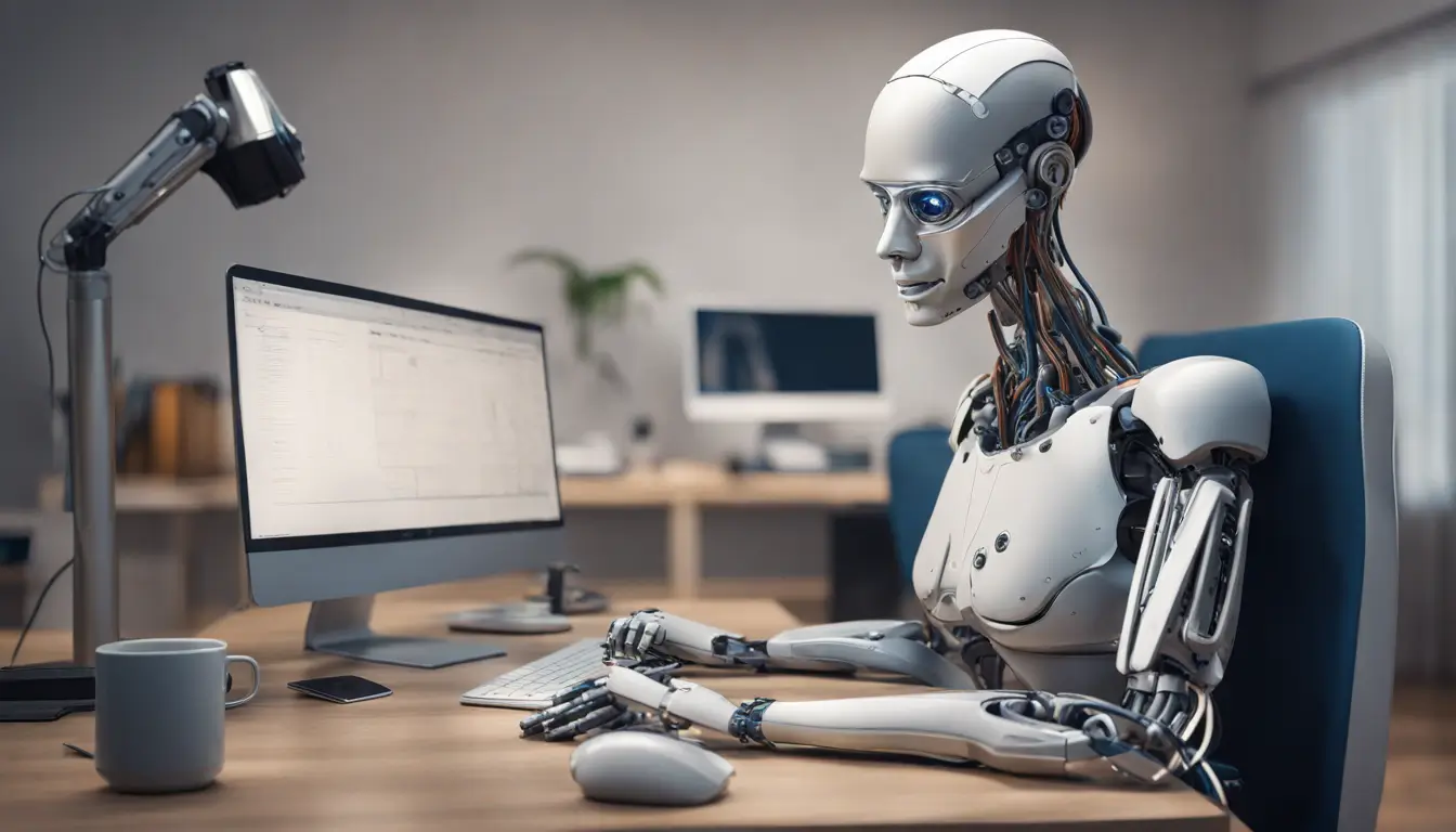Imagem ilustrativa de mão robótica segurando engrenagem com gráficos de negócios ao fundo, representando a transformação pela inteligência artificial.